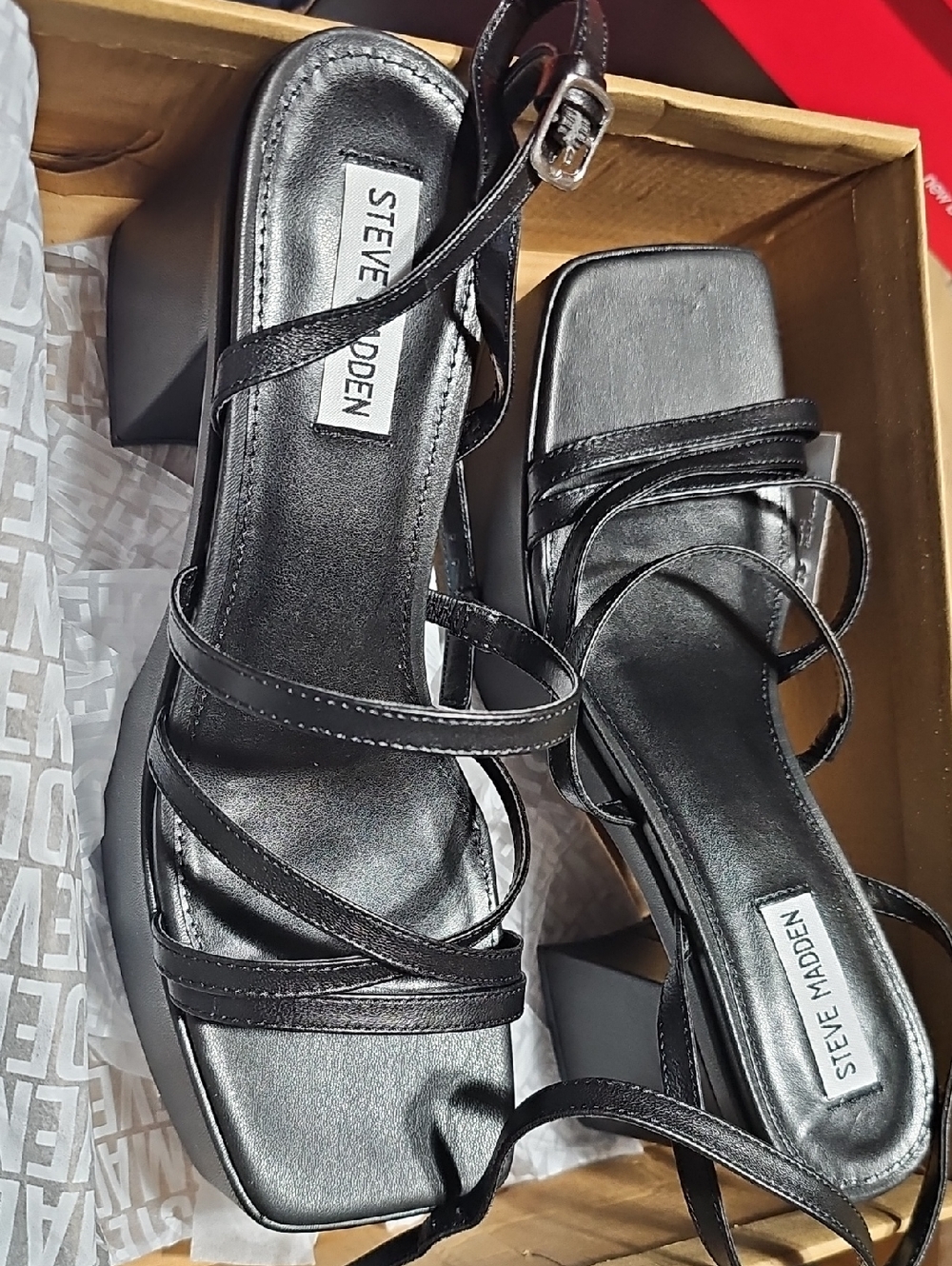 Steve Madden Black Strappy Square-Toe Block Heel Sandals